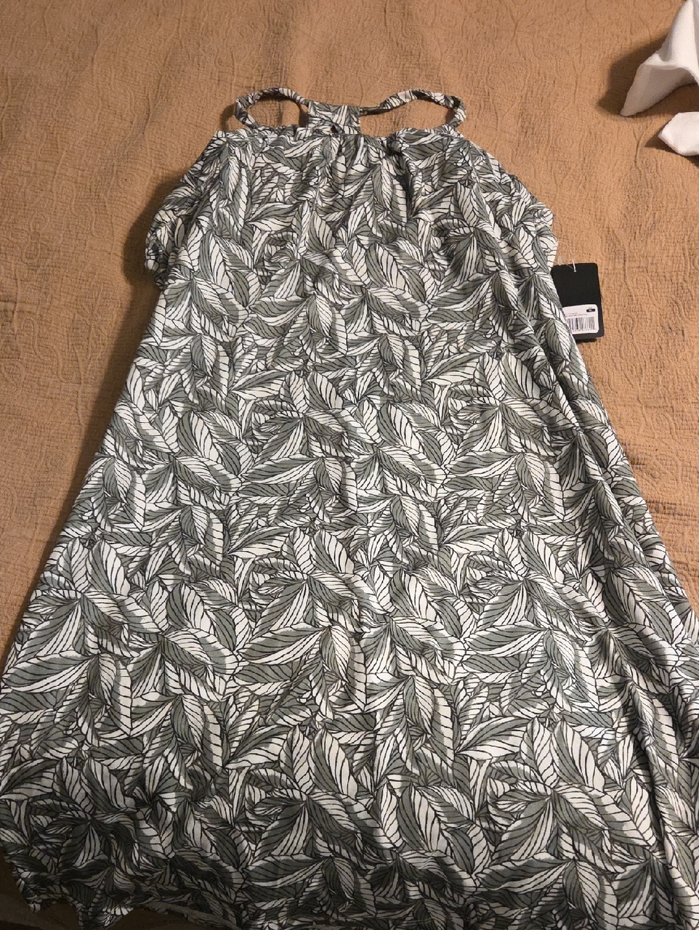 Eddie Bauer Olive and White Leaf-Print Maxi Dress